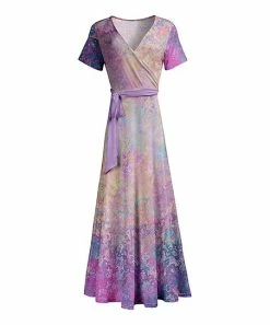 Lily | Light Purple Abstract Short-Sleeve Wrap Maxi Dress - Plus