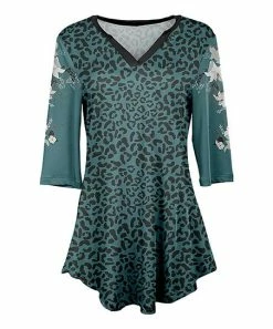 Lily | Teal & Black Leopard Floral Three-Quarter Sleeve Notch Neck Tunic - Plus