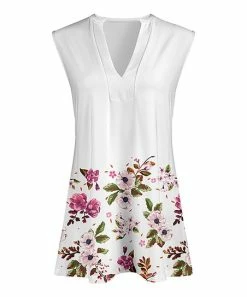 Lily | White & Pink Floral Sleeveless V-Neck Tunic - Women