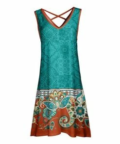 Lily | Rust & Teal Arabesque Crisscross-Back Sleeveless Dress - Women