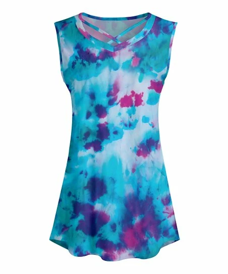 Lily | Blue & Purple Tie-Dye Crisscross Sleeveless Tunic - Women 1 Lily | Blue & Purple Tie-Dye Crisscross Sleeveless Tunic - Women
