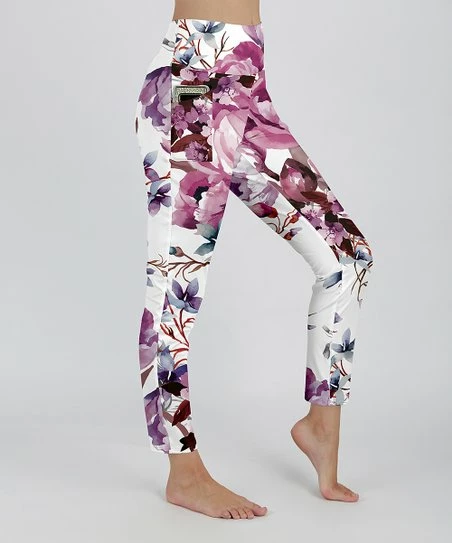 Lily | White & Pink Floral Side-Pocket High-Waist Leggings - Plus 1 Lily | White & Pink Floral Side-Pocket High-Waist Leggings - Plus