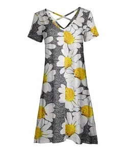 Lily | Gray & Yellow Daisy Crisscross-Back V-Neck Dress - Women