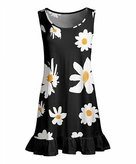 Lily | Black & White Floral Ruffle-Hem Sleeveless Tunic - Plus 1 Lily | Black & White Floral Ruffle-Hem Sleeveless Tunic - Plus