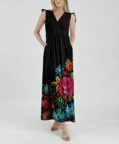 Lily | Black & White Floral Pocket Surplice Maxi Dress - Plus