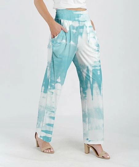 Lily | White & Blue Tie-Dye Pocket High-Waist Pants - Women 1 Lily | White & Blue Tie-Dye Pocket High-Waist Pants - Women