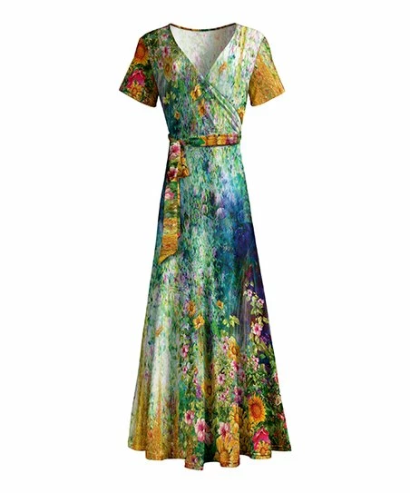 Lily | Blue & Goldtone Abstract Floral Wrap Maxi Dress - Women & Plus 1 Lily | Blue & Goldtone Abstract Floral Wrap Maxi Dress - Women & Plus