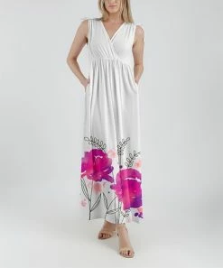 Lily | White & Pink Painted-Floral Side-Pocket Tie-Shoulder Maxi Dress - Plus