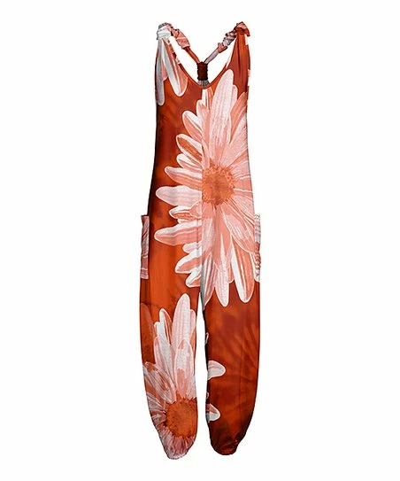 Lily | Orange & White Floral Pocket Racerback Jumpsuit - Women 1 Lily | Orange & White Floral Pocket Racerback Jumpsuit - Women