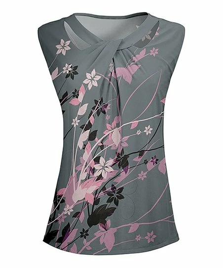 Lily | Gray & Pink Floral Cutout-Twist Sleeveless Tunic - Women 1 Lily | Gray & Pink Floral Cutout-Twist Sleeveless Tunic - Women
