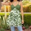 Lily | Green & White Foliage Front-Twist Sleeveless Tunic - Women