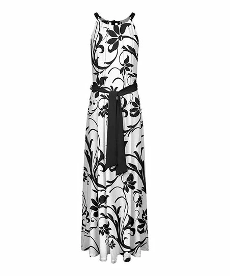 Lily | White & Black Damask Sleeveless Belted Tie-Back Maxi Dress - Women & Plus 1 Lily | White & Black Damask Sleeveless Belted Tie-Back Maxi Dress - Women & Plus