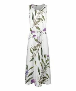 Lily | White & Green Leaf Sleeveless Blouson-Tie Maxi Dress - Women & Plus