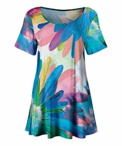 Lily | Blue & Pink Floral Short-Sleeve Scoop Neck Tunic - Women & Plus