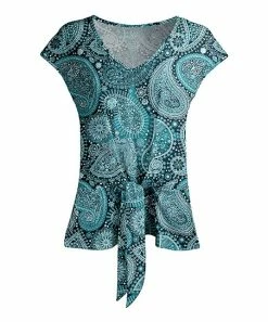 Lily | Teal & White Paisley Tie-Waist V-Neck Top - Women