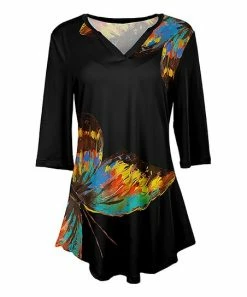 Lily | Black & Blue Butterfly V-Neck Three-Quarter Sleeve Tunic - Women