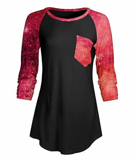 Lily | Red & Black Celestial Three-Quarter Sleeve Raglan Tunic - Women 1 Lily | Red & Black Celestial Three-Quarter Sleeve Raglan Tunic - Women