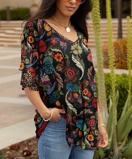 Lily | Black Multicolor Floral Leopard V-Neck Layered-Sleeve Tunic - Women & Plus 1 Lily | Black Multicolor Floral Leopard V-Neck Layered-Sleeve Tunic - Women & Plus