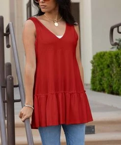 Lily | Red Ruffle-Hem Sleeveless Tunic - Plus