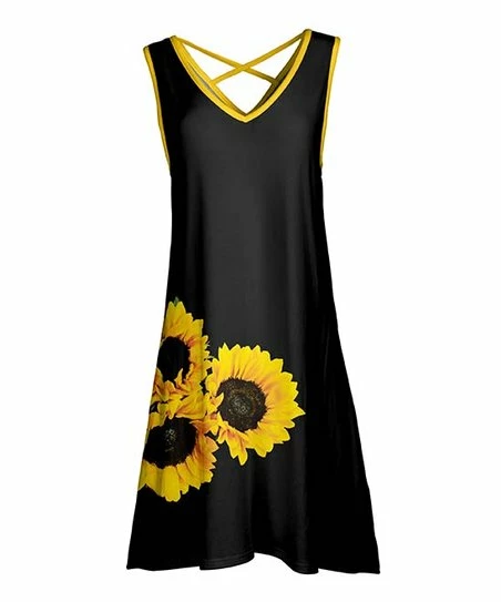 Lily | Black & Yellow Sunflower Crisscross-Back Sleeveless Dress - Women & Plus 1 Lily | Black & Yellow Sunflower Crisscross-Back Sleeveless Dress - Women & Plus