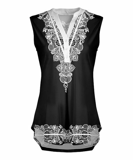 Lily | Black & White Geometric Button-Front Sleeveless Tunic - Women 1 Lily | Black & White Geometric Button-Front Sleeveless Tunic - Women