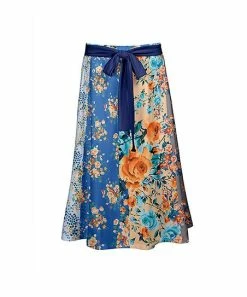 Lily | Blue & Orange Floral Bow-Sash A-Line Skirt - Women