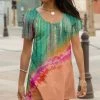 Lily | Green & Pink Abstract V-Neck Flutter-Sleeve Tunic - Women