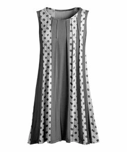 Lily | Gray & White Polka Dot Stripe Pleated Sleeveless Tunic - Plus