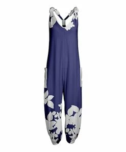 Lily | Navy & White Floral Pocket Racerback Harem Jumpsuit - Women