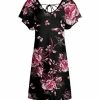Lily | Black & Fuchsia Floral Tie-Back Flutter-Sleeve Dress - Plus