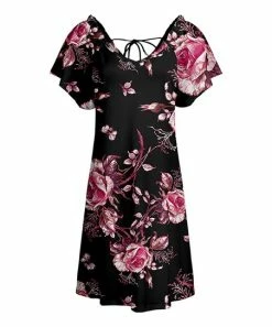 Lily | Black & Fuchsia Floral Tie-Back Flutter-Sleeve Dress - Plus