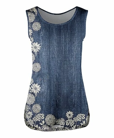 Lily | Blue & Cream Floral Side-Slit Tank - Women & Plus 1 Lily | Blue & Cream Floral Side-Slit Tank - Women & Plus