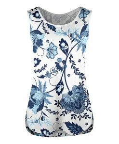 Lily | White & Blue Floral Leaf Side-Slit Tank - Women & Plus