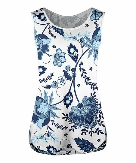 Lily | White & Blue Floral Leaf Side-Slit Tank - Women & Plus 1 Lily | White & Blue Floral Leaf Side-Slit Tank - Women & Plus