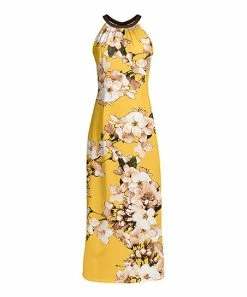Lily | Yellow & Brown Floral Sleeveless High-Neck Maxi Dress - Women