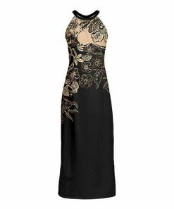 Lily | Black & Beige Floral Sleeveless High-Neck Maxi Dress - Women & Plus