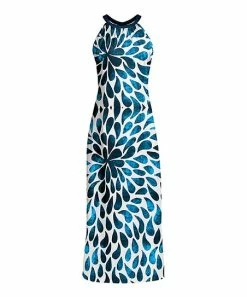 Lily | White & Blue Abstract Drops Sleeveless High-Neck Maxi Dress - Women & Plus