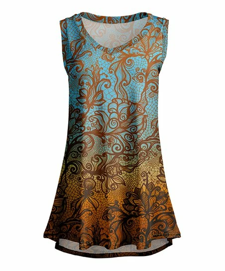Lily | Turquoise & Rust Floral Sleeveless Scoop Neck Tunic - Plus 1 Lily | Turquoise & Rust Floral Sleeveless Scoop Neck Tunic - Plus