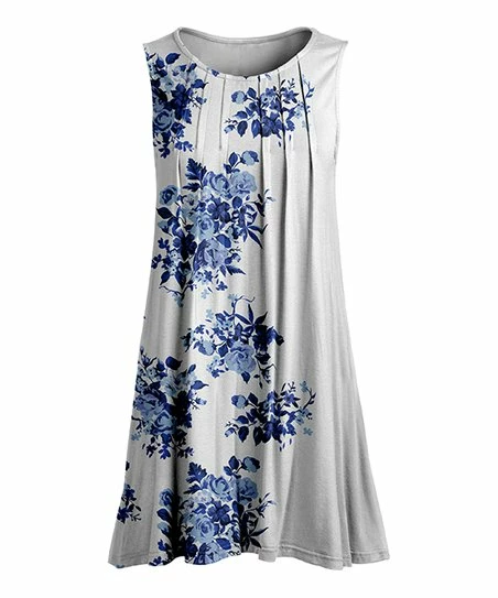 Lily | White & Blue Floral Pleated Sleeveless Tunic - Plus 1 Lily | White & Blue Floral Pleated Sleeveless Tunic - Plus