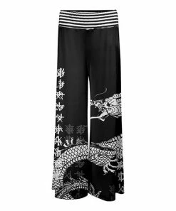 Lily | Black & White Dragon Character Wide-Band Palazzo Pants - Women