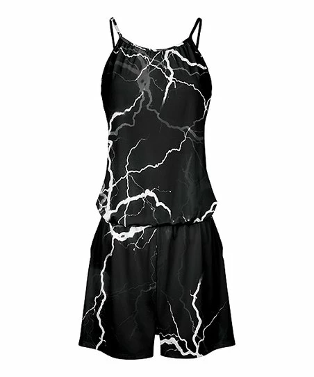 Lily | Black & White Lightning Thin-Strap Sleeveless Blouson Romper - Women 1 Lily | Black & White Lightning Thin-Strap Sleeveless Blouson Romper - Women