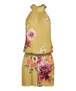 Lily | Gold & Pink Floral Ruffle-Neck Sleeveless Blouson Romper - Women
