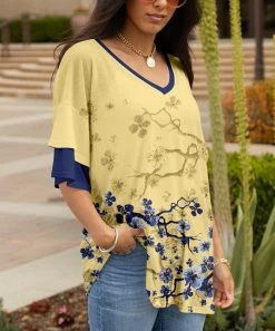 Lily | Yellow & Blue Floral Branch Layered-Sleeve V-Neck Tunic - Women & Plus