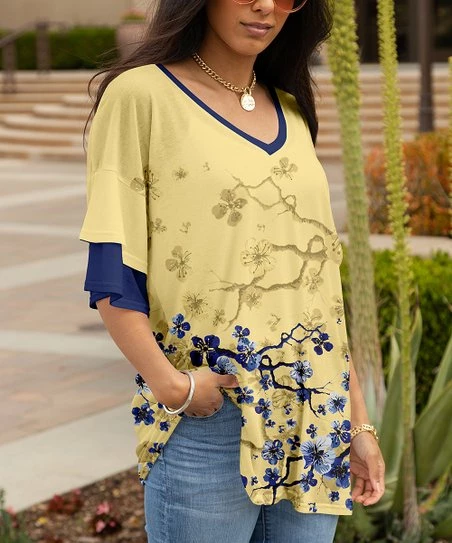 Lily | Yellow & Blue Floral Branch Layered-Sleeve V-Neck Tunic - Women & Plus 1 Lily | Yellow & Blue Floral Branch Layered-Sleeve V-Neck Tunic - Women & Plus