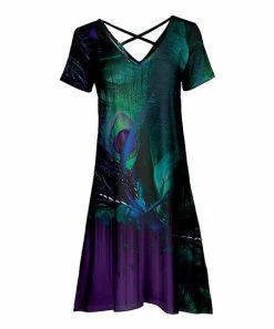 Lily | Purple & Teal Peacock Feather Crisscross-Back V-Neck Dress - Women & Plus