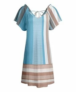 Lily | Blue & Beige Stripe Tie-Back Flutter-Sleeve Dress - Women