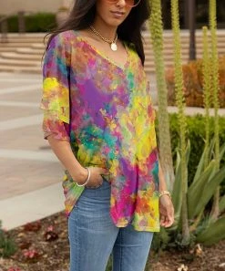 Lily | Yellow & Purple Tie-Dye V-Neck Tunic - Plus