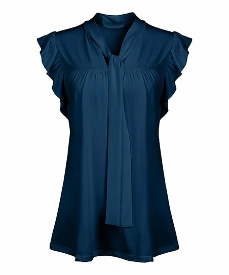 Lily | Navy Tie-Neck Flutter-Sleeve Tunic - Women & Plus 1 Lily | Navy Tie-Neck Flutter-Sleeve Tunic - Women & Plus
