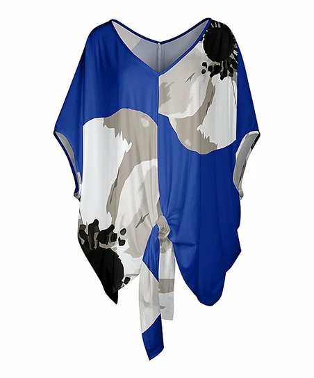 Lily | Blue & White Floral V-Neck Knot-Hem Tunic - Plus 1 Lily | Blue & White Floral V-Neck Knot-Hem Tunic - Plus