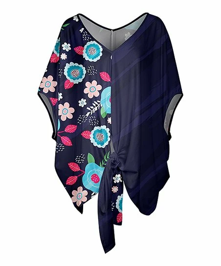 Lily | Blue & Turquoise Floral Stripe V-Neck Knot-Hem Tunic - Plus 1 Lily | Blue & Turquoise Floral Stripe V-Neck Knot-Hem Tunic - Plus